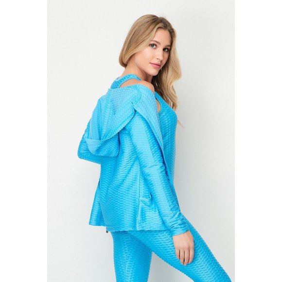 3 Pcs Activewear Yoga Set Gym Workout Textured Hoodie Top and Leggings Outfit - Picture 2 of 10